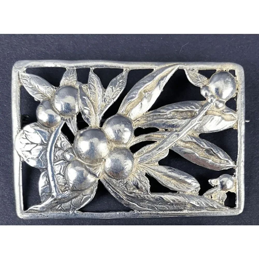 Vintage Sterling Silver Rectangular Leaf and Cranberry Motif 2.25in